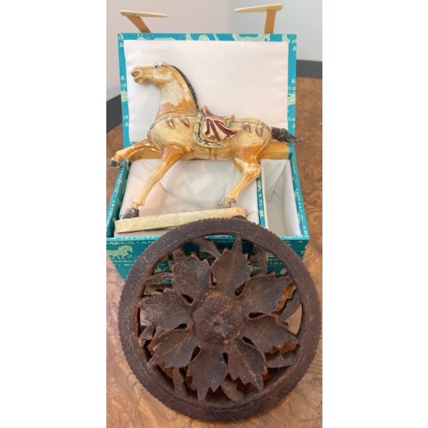 Vintage Hand Carved Horse w/antique Trivet 8"tall