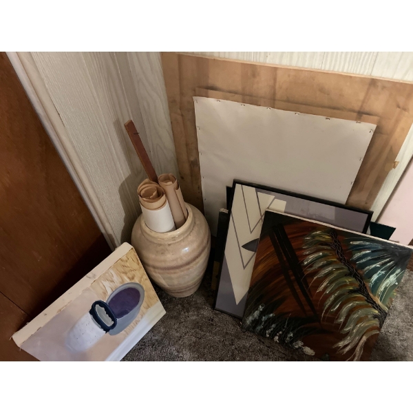 variety of abstract canvas, paintings, and paper along with a framed pencil, sketch, artist, unknown