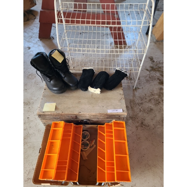 Terra Men's sz 8 Steel Toed Boots.  Antique Wood Storage Box 24w, 16 l , 9h, Shoe Rack & more 