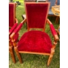 Image 2 : 2 Vintage Oak Chairs with Arm Rests & Red Velvet Seats 