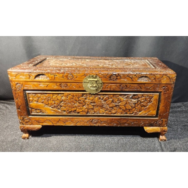 Vintage Hand-Carved Wooden Chest, 17 x 34.5 x 16.5 Inches, Made in Hong Kong
