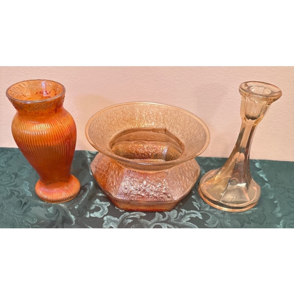 Soda Gold Spittoon Marigold Carnival Glass & Tree Of Life Candle Stick Jeanette Gls Co