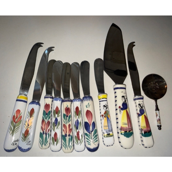 Hand Painted Porcelain Henroit Quimper Cheese Knife Spreader Set - Made In France 