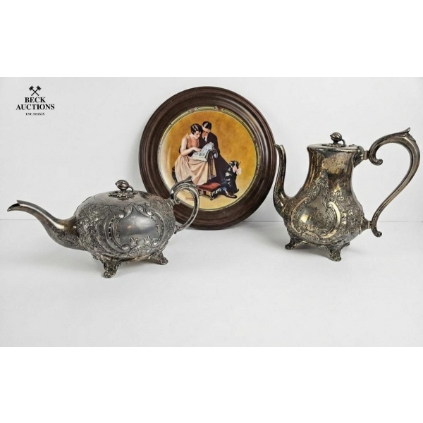  Collection Of Vintage Silver-Plated Teapot 7''IN H And A Coffee Pot 4''IN H & Collectible Plate
