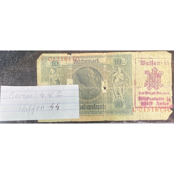 1929 10 Reichsmark Banknote Stamped Waffen SS