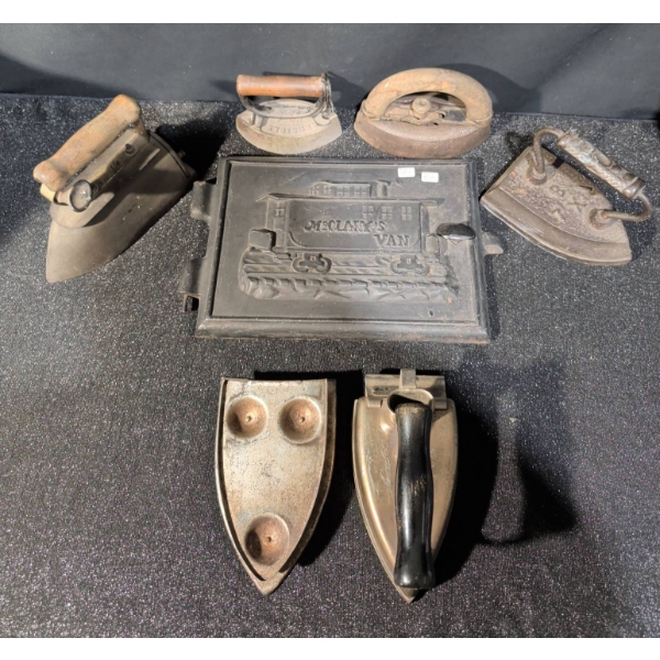 Antique Cast Iron Sad Irons and Decorative Train Mold Plate