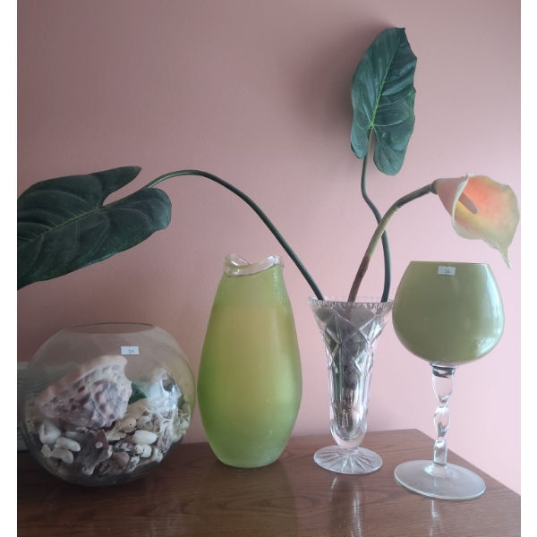 Green Glass Vases 12 T, Glass Bowl 8 T w/ Seashells and Artificial Flowers
