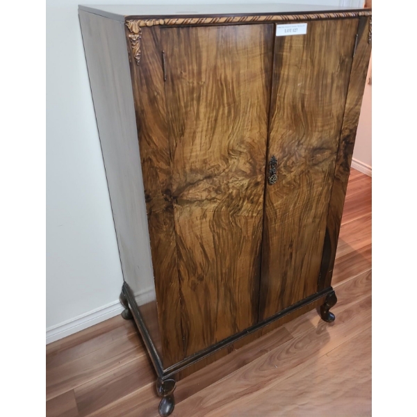 Burl Walnut Veneer Armoire w Interior Shelves & Beautiful Wood Detail 30 w 20 d 51 h