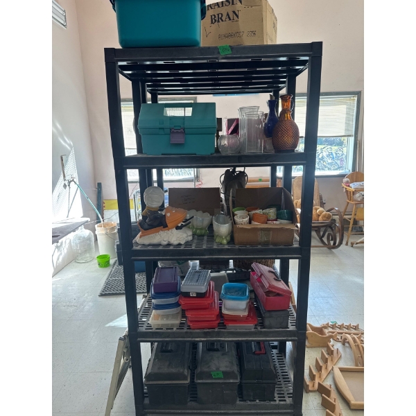 glass phases, antique vases, mixed pot pottery, crayon boxes, Tupperware containers and tool boxes