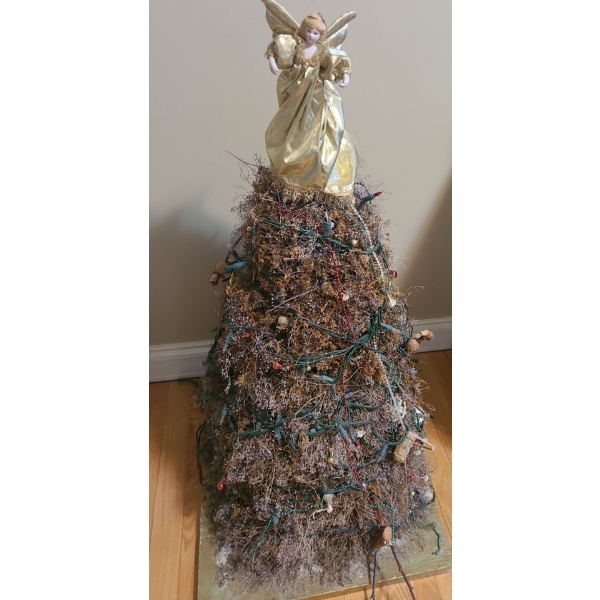 Small Holiday Tree w/ Lights and Angel Topper on Plywood Base 18.5 W, 24 D, 37 T
