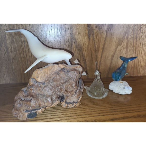 Whales on Burl Base 8 W, 8.5 T- John Perry Tag , Glass Whale on Rock 5 T, Glass Shark 7.5  W, 3.5 T 