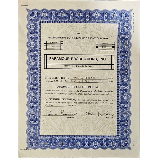 Vintage Stock Certificate (1969, Paramour Productions, Inc.)