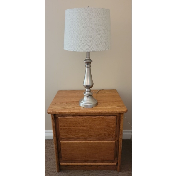 Brushed Nickel Table Lamp w/ Oak Bedside Table 24x20x22 (duplicate)