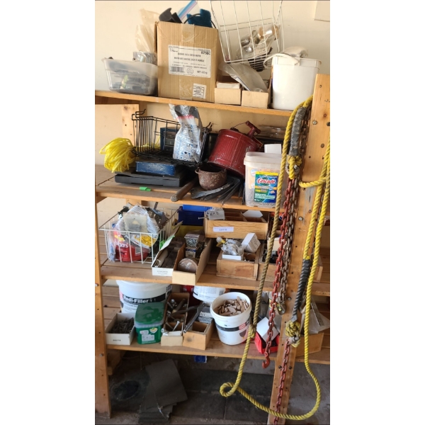 Contents of Garage Shelf- Lots of Hardware, Red Chain & more
