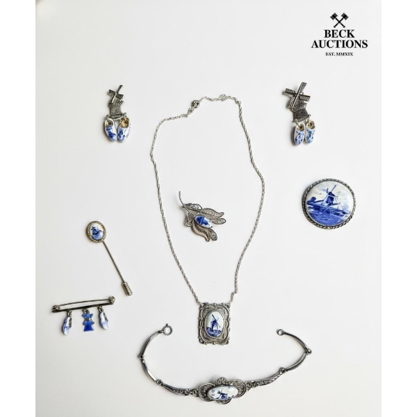  Collection Of Vintage Dutch Delft Porcelain Costume Jewelry , 