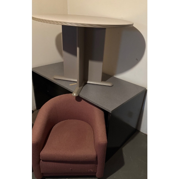 Furniture Set - Desk (60W, 30D, 30T), Round Table, and Pink Textile Chair 