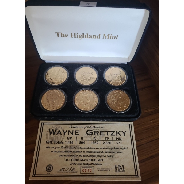Wayne Gretzky Highland Mint 6 Coin Matched Set- 24 Karat Gold Overlay Medallions