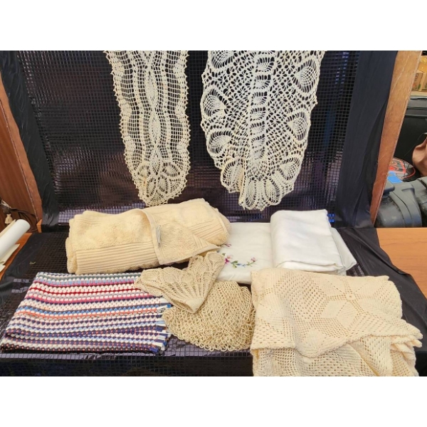 Linen Assortment Featuring Table Covers, Hand Embroidery, Lace, and Bath Towel