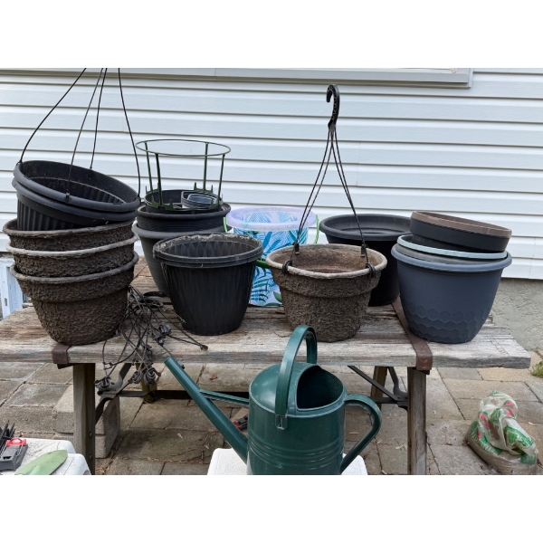 Garbage Bins, Plant Pots, Watering Can, and Yard Tools