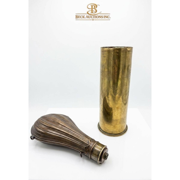 1917 WW1 Trench Art Shell Casing and Ornate Civil War Powder Flask 