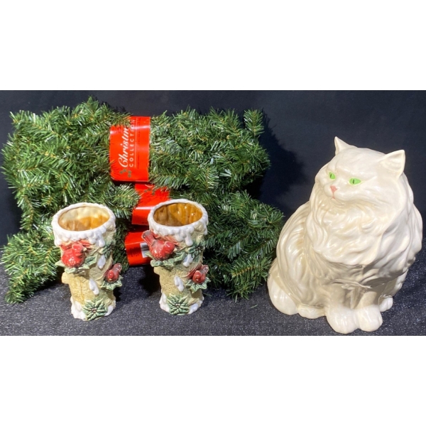 Christmas Decorations & Cat Statue