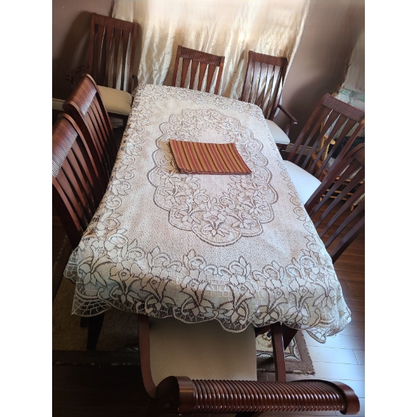Cherry Finish Dining Table 84 W, 42 D, 30 T and 6 Side 21 W, 19 D, 41 T 2 Arm 25 W Chairs 