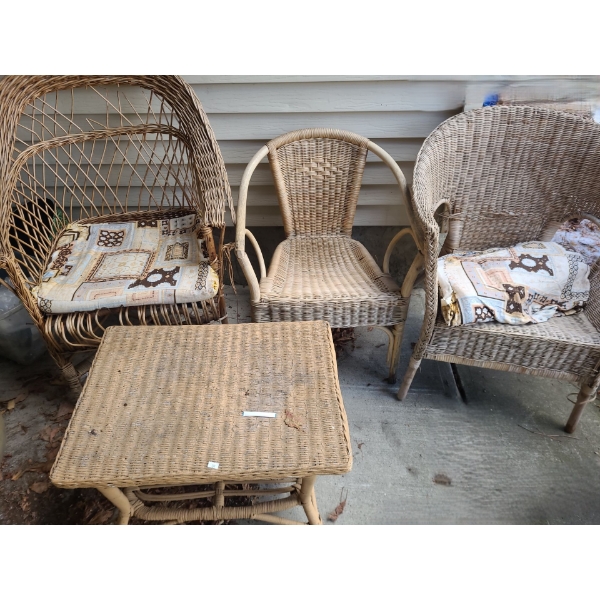 Outdoor Wicker Table 25 W, 18 D, 18 T and Chairs- Tallest: 26 W, 20 D, 40 T