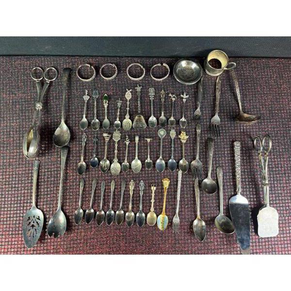 Silver-Plated and Non SP  Souvenir Spoons, Serving Pieces, Napkin Rings, and Flatware Lot