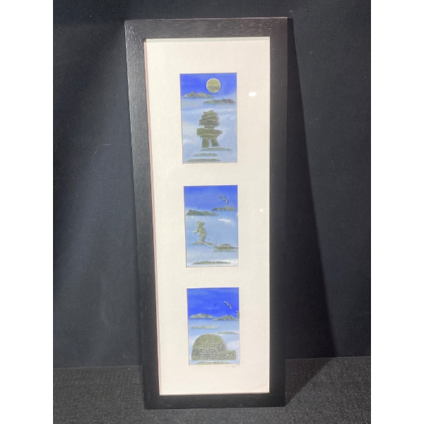 Framed Triptych of Inuit-Inspired Stone Artwork Signed 'C A'YK NWT 06'