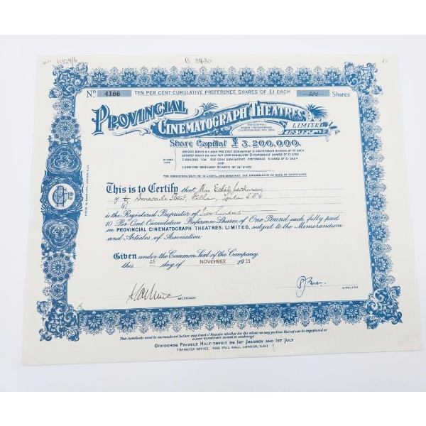 Vintage Stock Certificate From 1933 For Provincial Cinematograph Theatres, Limited. 
