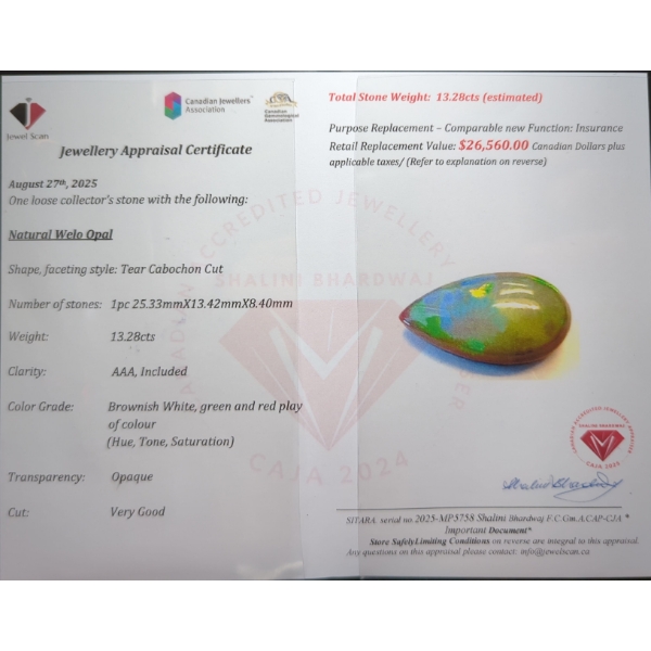13.28 ct Certified Opal gemstone ($26,560 Appraisal)