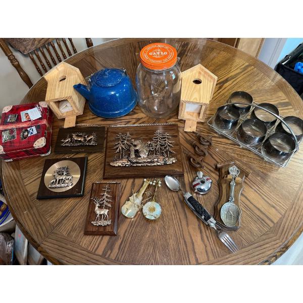 Collection of brass inlay 3-D art birdhouses a vintage blue speckled tea pot a vintage jar by Gaylor