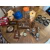 Collection of brass inlay 3-D art birdhouses a vintage blue speckled tea pot a vintage jar by Gaylor