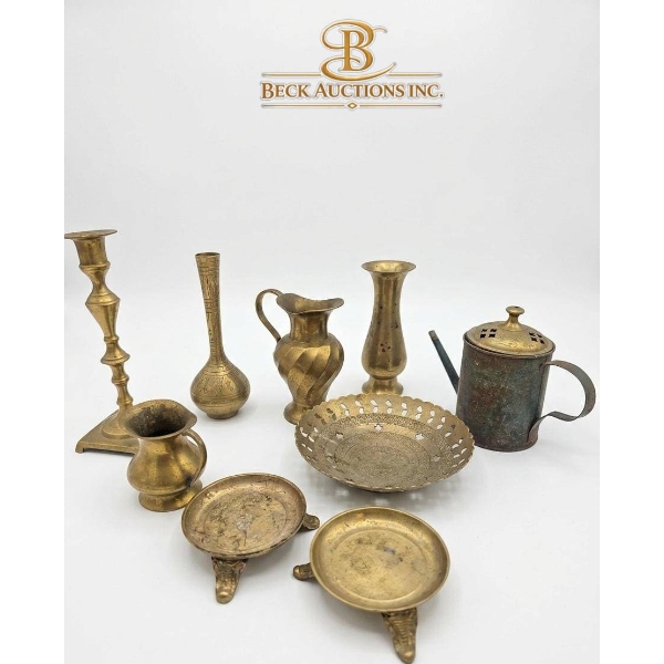 Brass Decorative Items Including Vases, Pots, and Plates