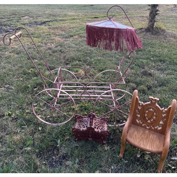 Collectible Doll Accessories - Antique Tasseled Buggy Scroll-cut Picnic Basket 7L & Chair 