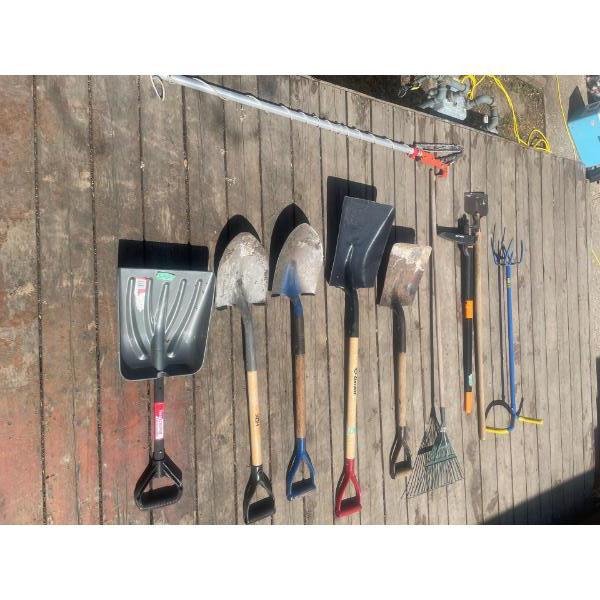 Lawn and Garden Tools, Shovels, Tree Trimmer, Weed Puller, Rake.