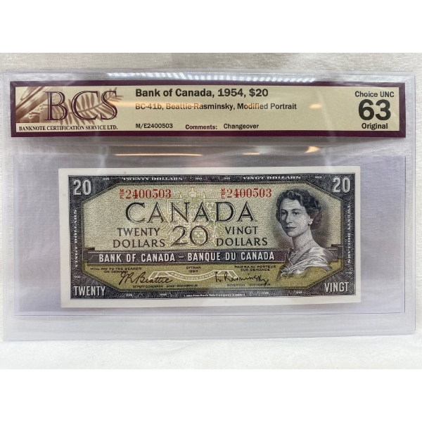 Graded Canadian 1954 Mod. Portrait $20 Choice UNC Prefix: M/E