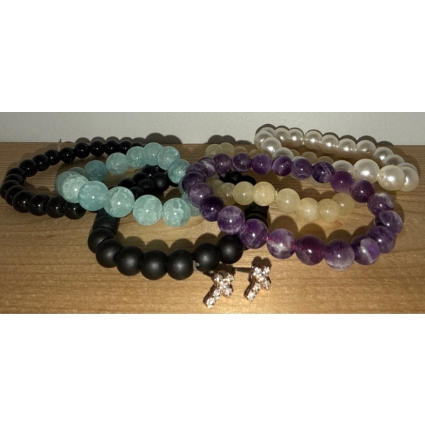 Ladies Fashion Jewelry Collection - Stone Beaded Bracelets w/ Cross Rhinestone Earrings