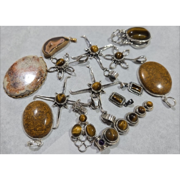 Polished Tigers Eye + Agate + Other Stone Pendants With 925 Settings