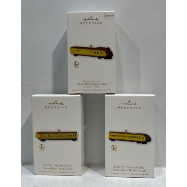 Vehicles-Union Pacific Streamliner Locomotive, Long Coach, Buffet Coach Hallmark Ornaments