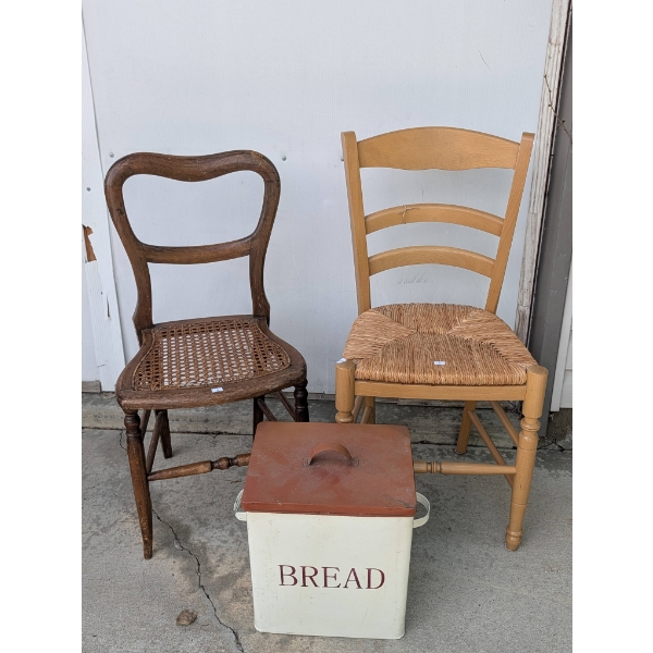 Wooden Chairs and Metal Bread Box