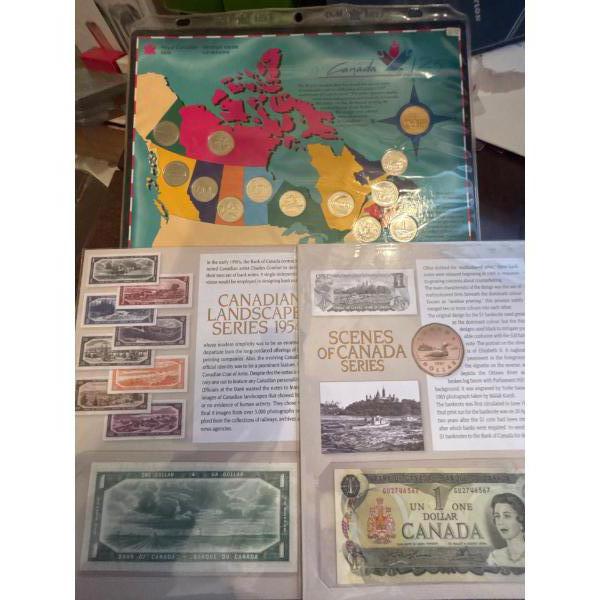 1992 'Canada 125' Commemorative 25 Cent and Dollar Set With 2 canadian Landscape series 1$ Bills fro