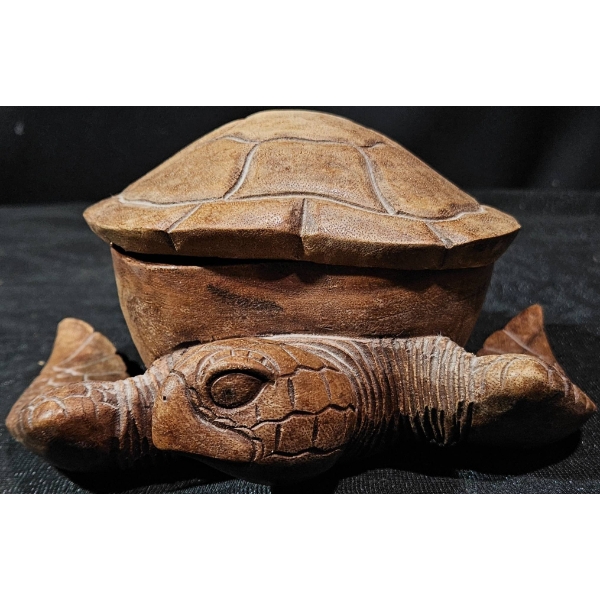 Hand-Carved Wood Turtle-Shaped Storage Box with Lift-Off Lid