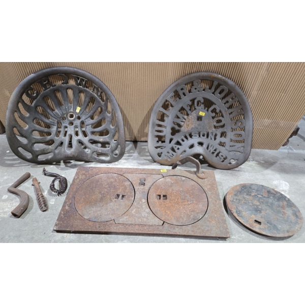 Fuller & Johnson MFG Co Madison Wis & Crown Metal Tractor Seat + Cast Iron Stove Pieces