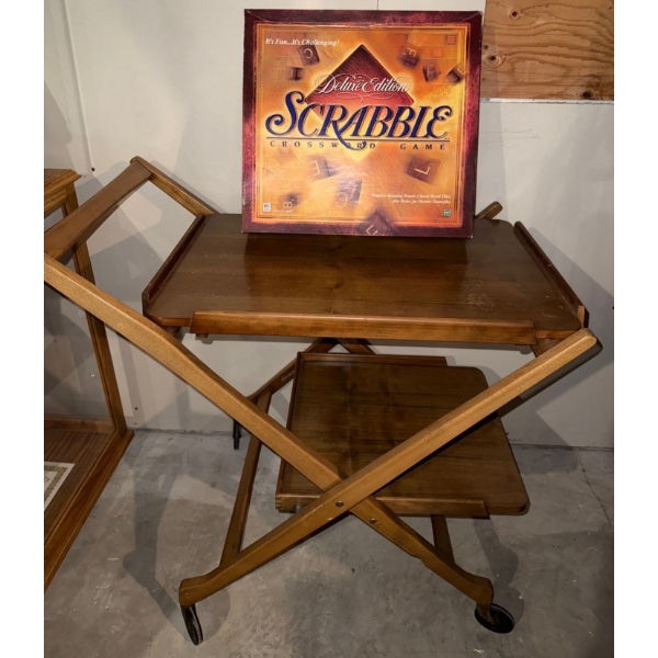 Teak Folding Bar Cart 34x22x28 w/ Removable Tray & Limited Edition Scrabble Game 