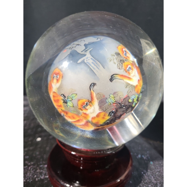 Wang Xisan Ji School Reverse Painting of Monkeys Crystal Globe