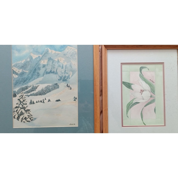 Watercolor Framed Floral & Snowy Mountain By Linda - Largest is 15x17