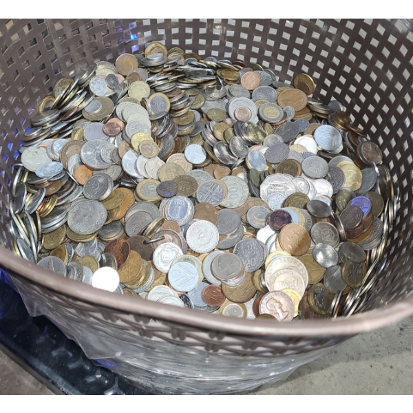 Bin w/ Outdated Foreign Coins- 107.0 Pounds Weighed w/ Basket, Provided w/ Bin