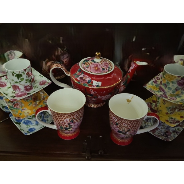 Colorful Flower Tea Service, Includes Teapot 7 T, 2 Large Cups and 6 Small Cups and Saucers 