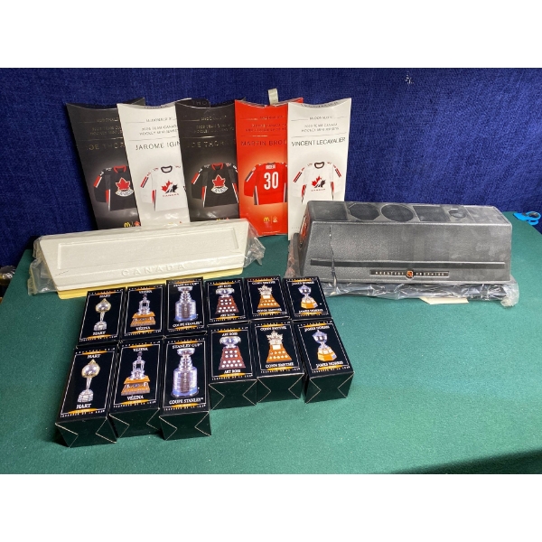 NHL Mini Jerseys and Trophies with stands